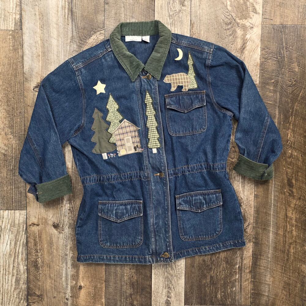 VINT 90s Patchwork Applique Denim Barn Jacket Cabin Moose Bear Large Cabincore